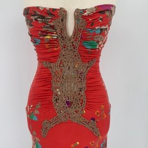 Sky Clothing floral red maxi strapless dress